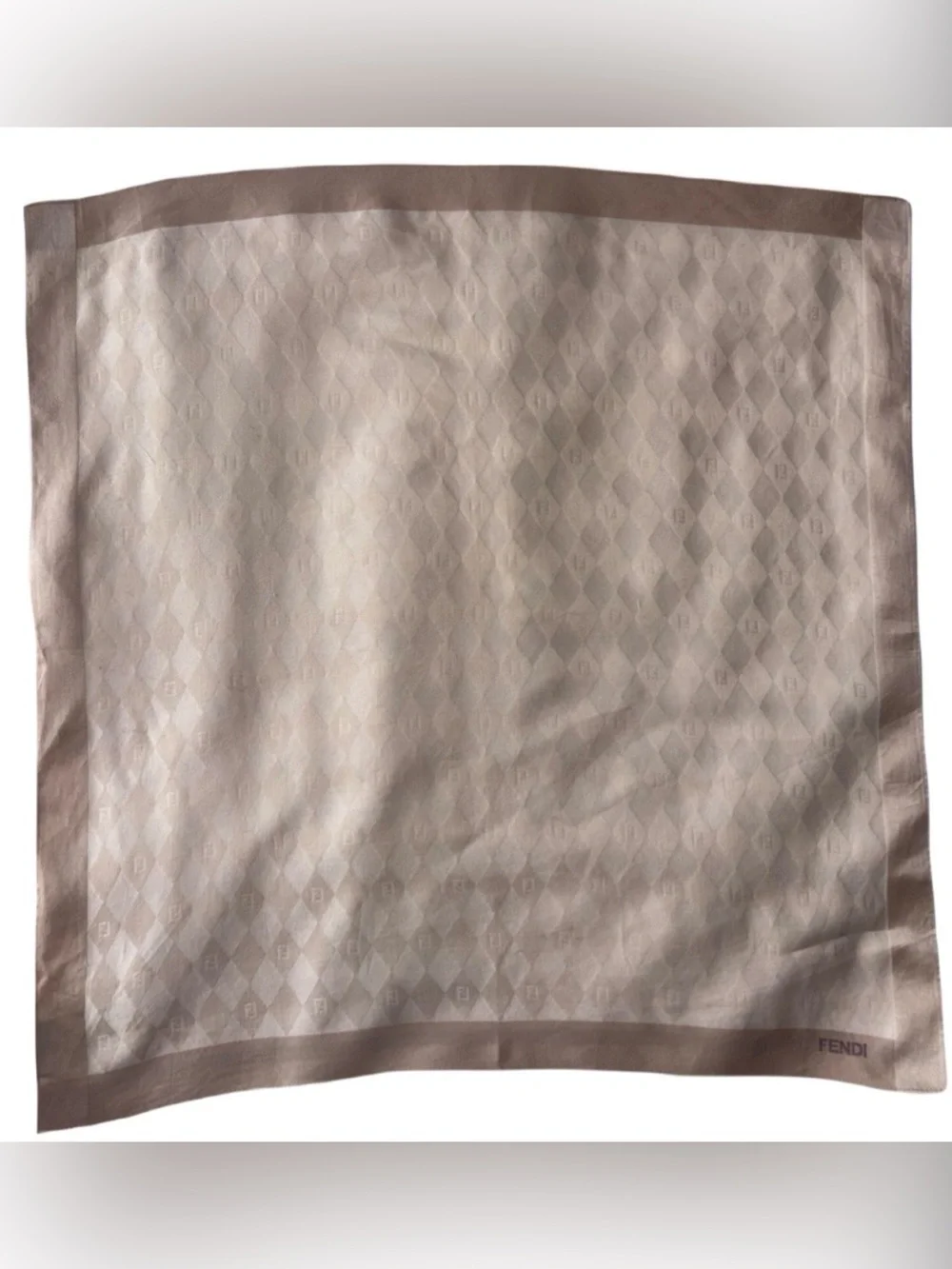 Vintage Fendi 18.5” Square Cotton Taupe & Ivory Scarf, Diamond Pattern Like New